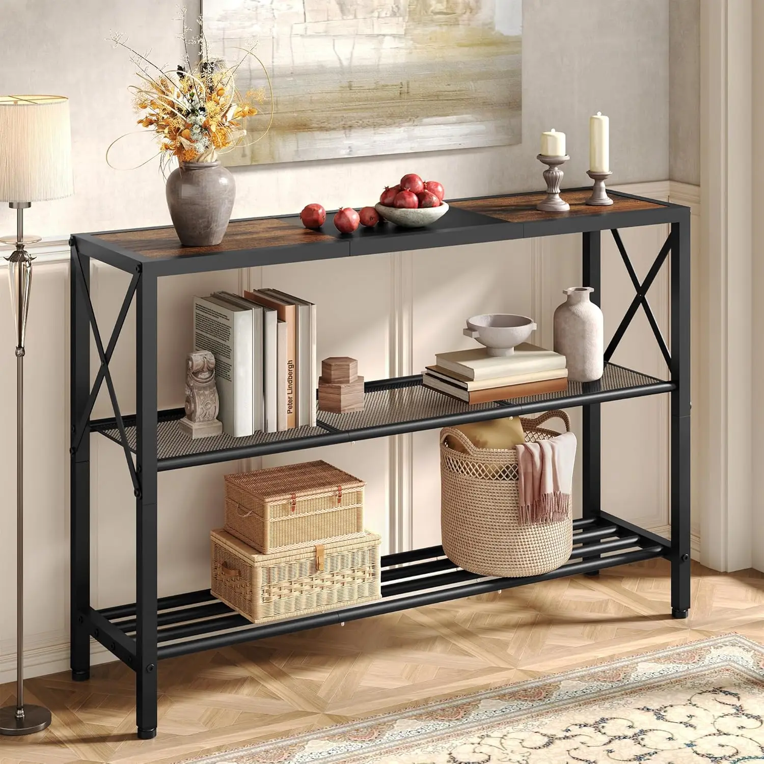 

3-Tier Narrow Console Table, Rustic Brown & Black, Entryway Hallway Sofa Table with Shelves