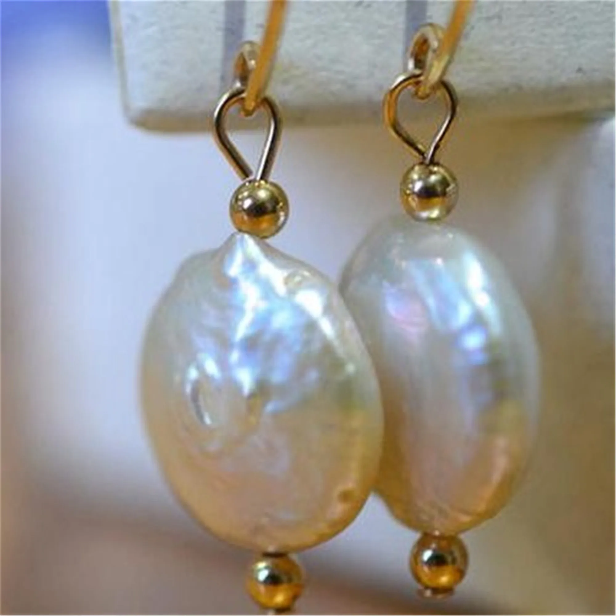 14-15mm White Coin Baroque Pearl Earrings 18k hook Eardrop Dangle Earbob Stud Bridal Ear