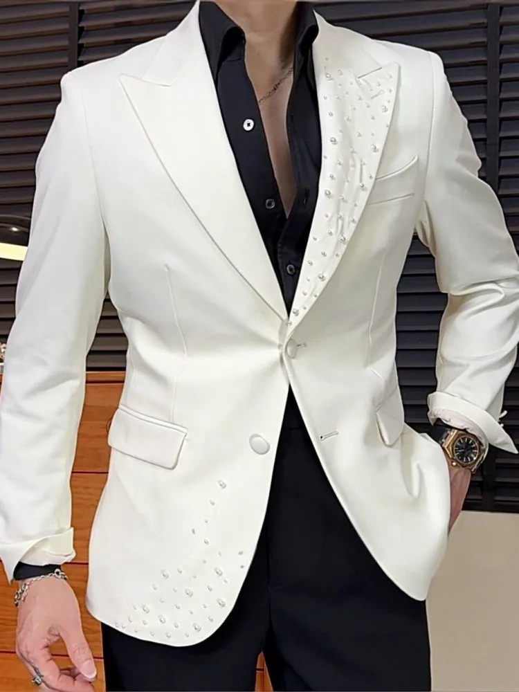Fashion Slim Male Blazer Solid Color Turn Down Collar Mens Suit Jacket Flower Diamonds Single-Breasted Long Sleeves Outerwear