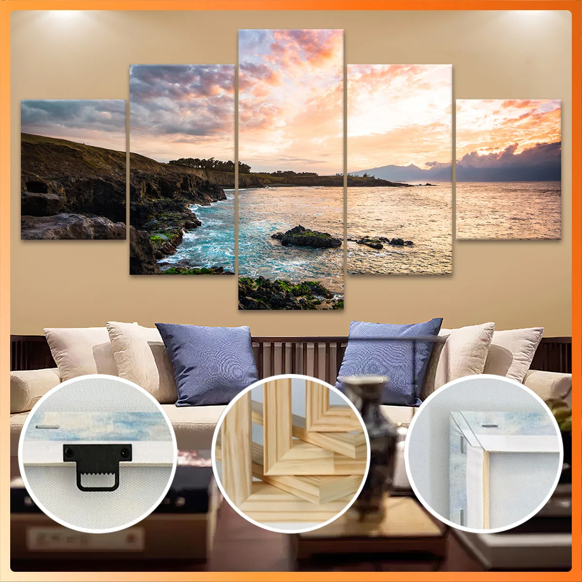 

5pcs Wooden Framed Canvas, Coastal Sunset Over Rocks, Fashion Poster, Art for Home Decoration, Pattern Wall Art