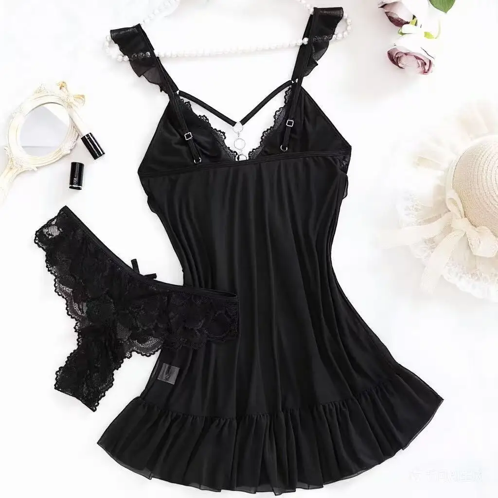 2026 New Red Sexy Lingerie Set Women Deep V Slip Dress Thong Erotic Bra Panty Sets Lace Nightdress Soft Nightgown wedding Pijama view 4