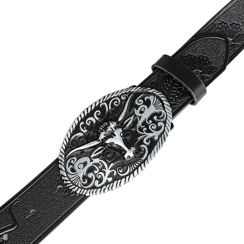 Retro-Trendiger Herren-Gürtel mit Stierkopf-Legierungsschnalle, Western-Stil Prägedruck-Blumenrelief Personalisierter Ethnischer Herren-Gürtel – Detail 11