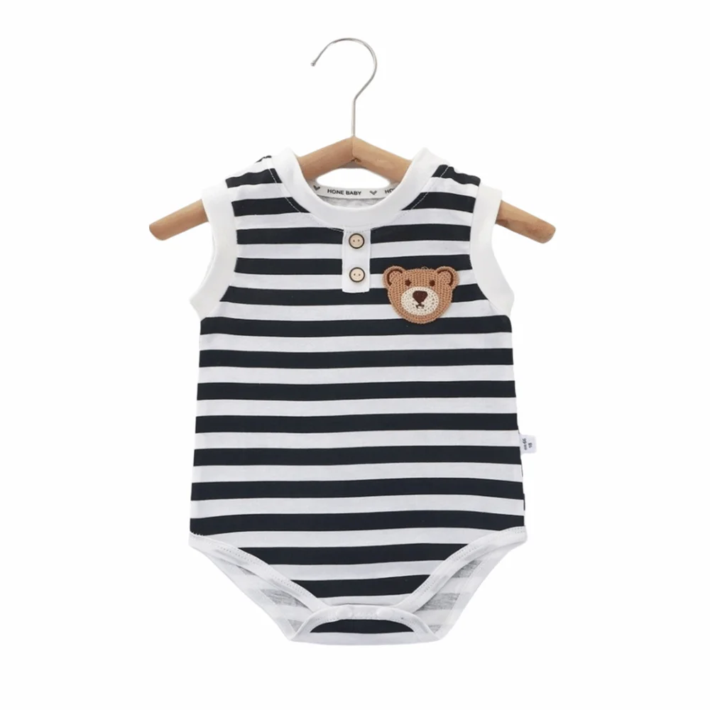 Striped Pattern Summer Baby Bodysuit Cotton Material Thin Fabric Sleeveless Bodysuit Solid Color Ventilate Design Baby Coverall