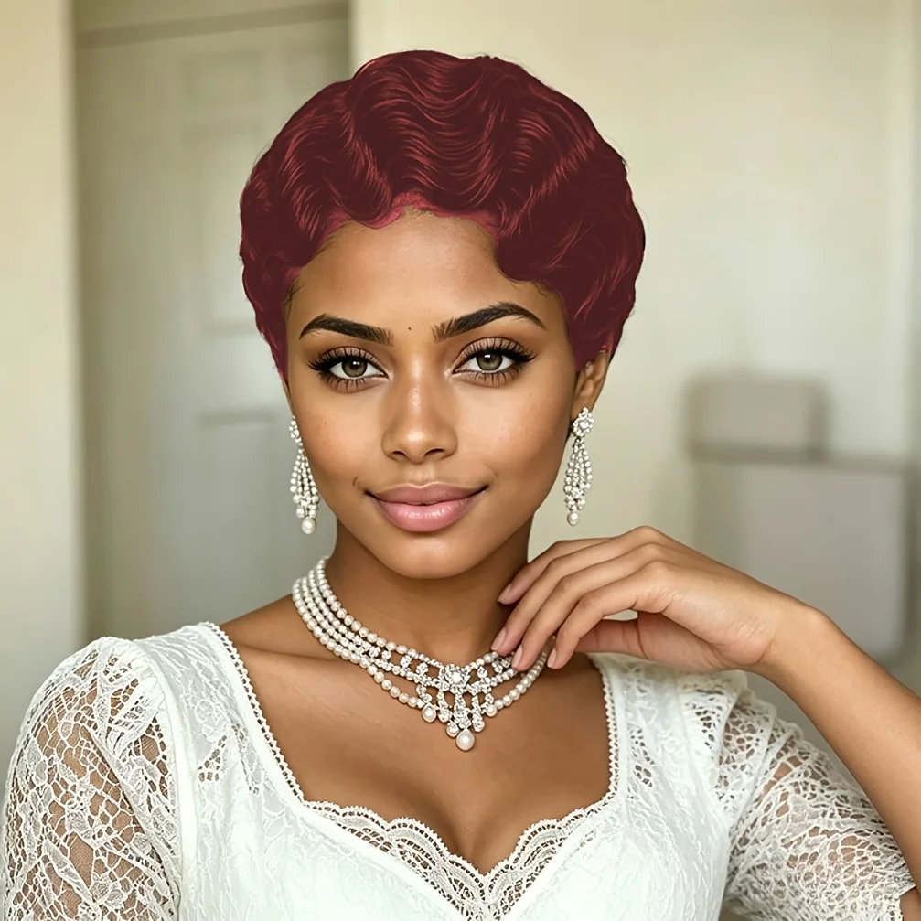150% Density  Brazilian Finger Wave Curly Wave Human Hair Wig  Short Pixie Cut Finger Wave Style Full Machine Made Wig