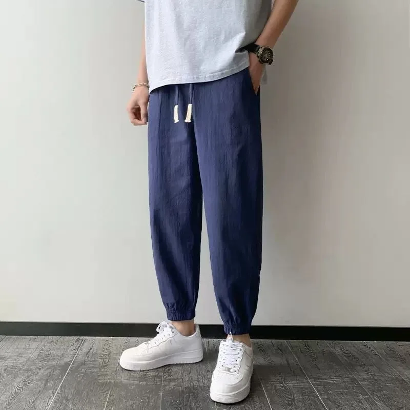 Men Linen Blend Jogger Pants Thin Loose Ankle Length Casual Sports Trousers For Summer