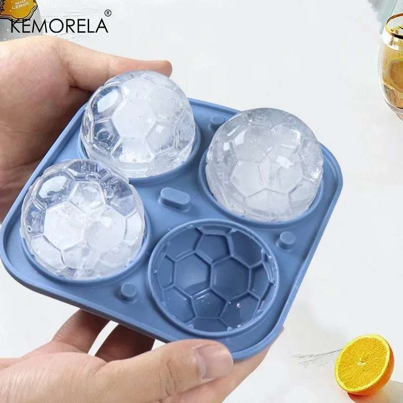 4 Grids Silicone Ice Grid Football Summer Ice Cube Mold With Cover Large Ice Cube Maker For Whiskey Cocktails Kitchen Bar Tools