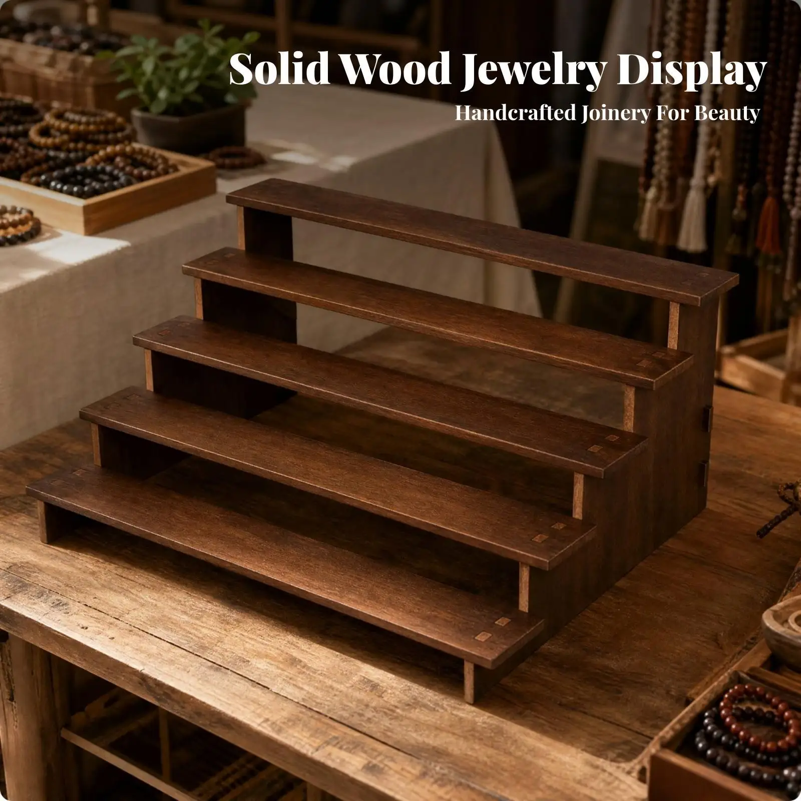 Wooden Display Shelf Stand for Bracelets and Rings for Vendor Booth with Open Stepped Layout Showcase Riser