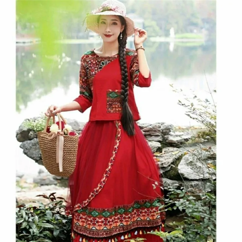 Ensemble deux pièces ethnique en coton et lin, T-shirt imprimé et jupe ter pour voyage, Photoaphy, Silhouette trapèze