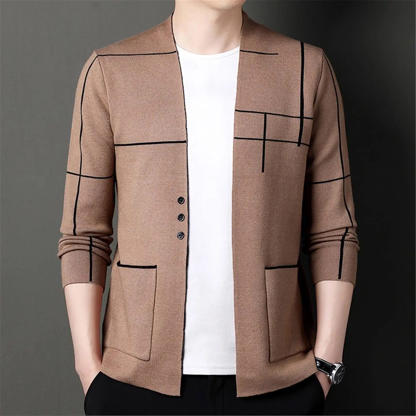 

Модный вязаный кардиган для мужчин, облегающий свитер большого размера, корейский осенний костюм, полиэстер, вискоза, нейлоновая смесь