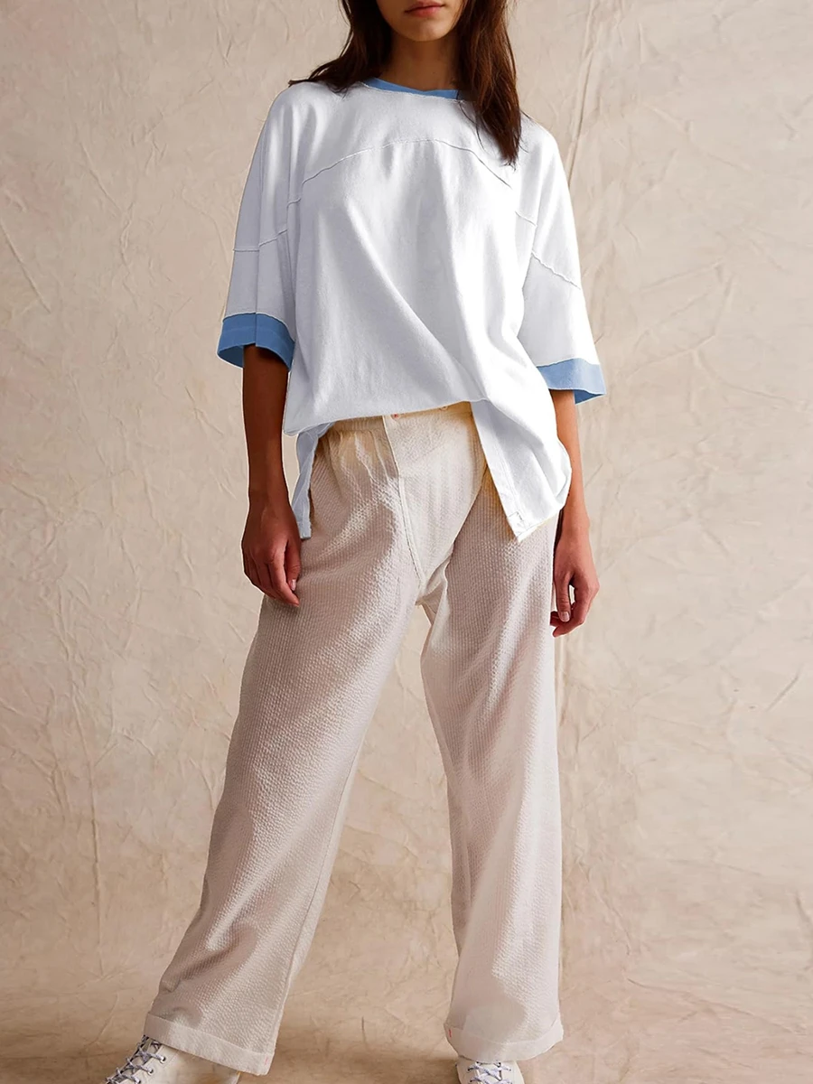 Women s Summer Casual Tops Half Sleeve Crewneck Contrast Color Split Hem T-shirt image 4
