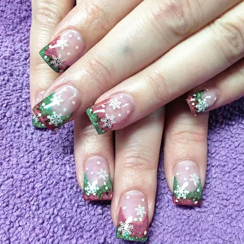 24 Uds. De uñas postizas cuadradas cortas y medianas acrílicas con pegamento, purpurina roja y verde, uñas postizas de copo de nieve para invierno