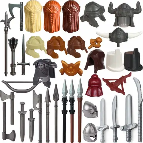 MOC 중세 액세서리 블록 병사 피규어 기사 헬멧 모자 갑옷 엘프 헤어스타일 화살 창 브릭 장난감 선물 E02