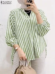 ZANZEA Fashion Turkey Muslim Blouse Woman Puff Sleeve Stand Collar Blusas Casual Holiday Islamic Clothing Elegant Striped Shirt