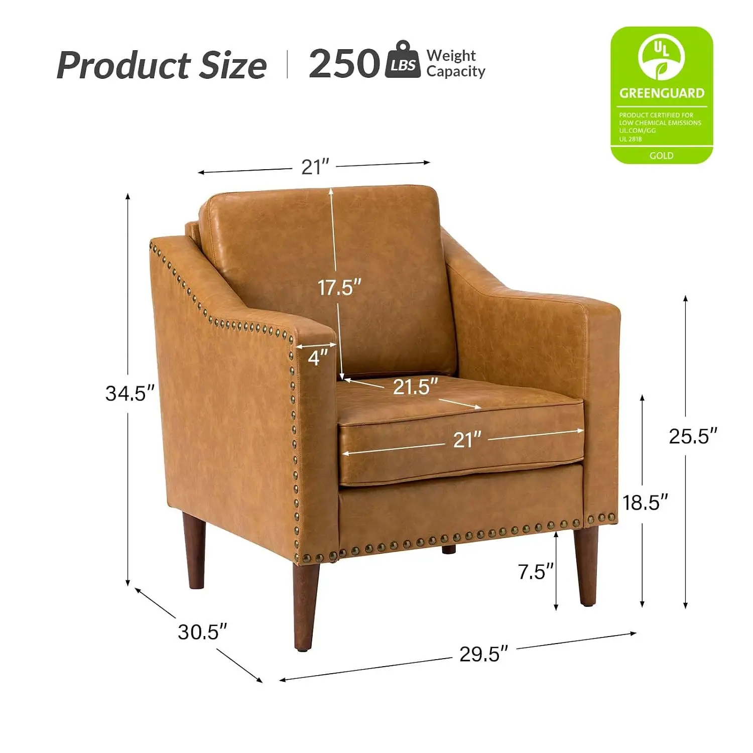 Faux Leather Armchair Set of 2 with Cushions, Club Chair with Nailhead Trim, Upholstered Seat for Living Room, Camel, Customized