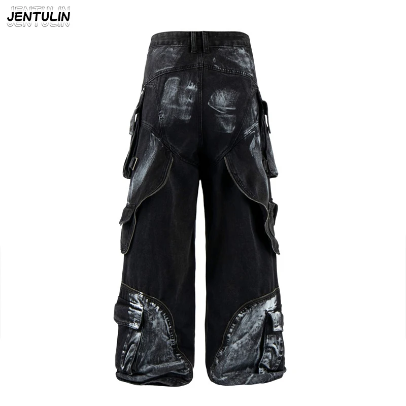 

American High Street Vintage Tie Dye Multi Pocket Workwear Jeans Heavy Duty Zipper Loose Wide Leg Functional Trendy Brand Pants