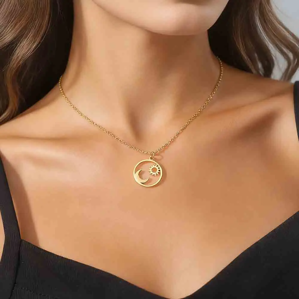 Skyrim Moon and Sun Eternal Love Necklace for Women Stainless Steel Gold Color Choker Neck Chain Korean Romantic Jewelry Gift