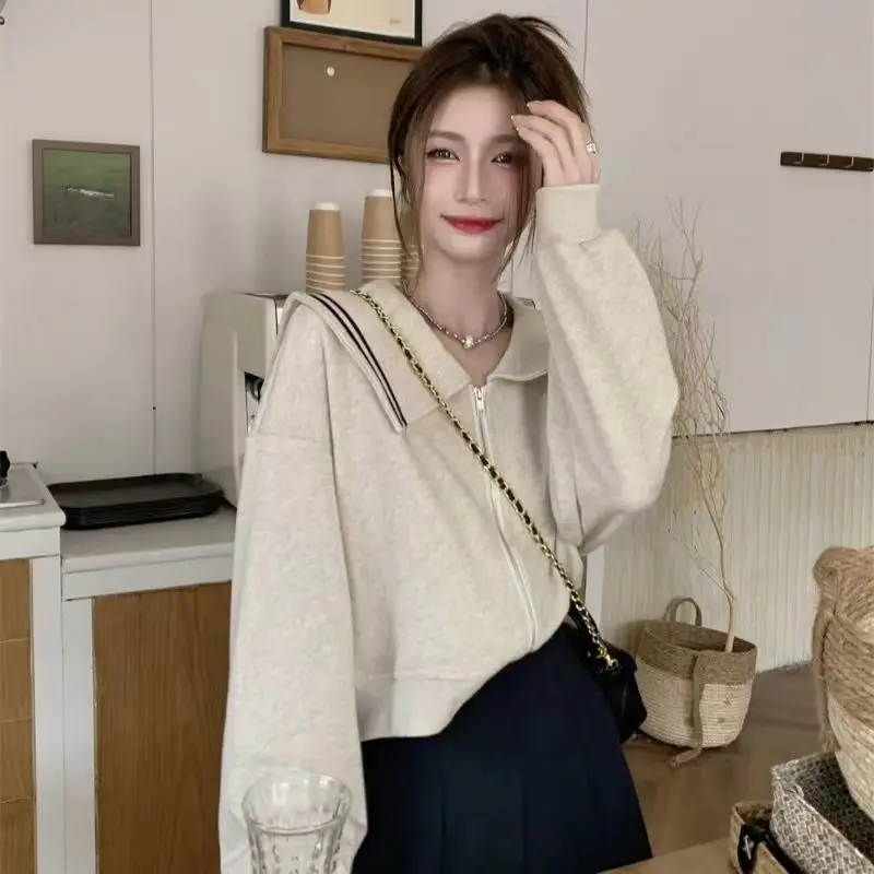 Korean Peter Pan Collar Loose Zipper Long Sleeve Cardigan Coat Women Clothes Fashion All-match Office Lady Solid Color Jackets