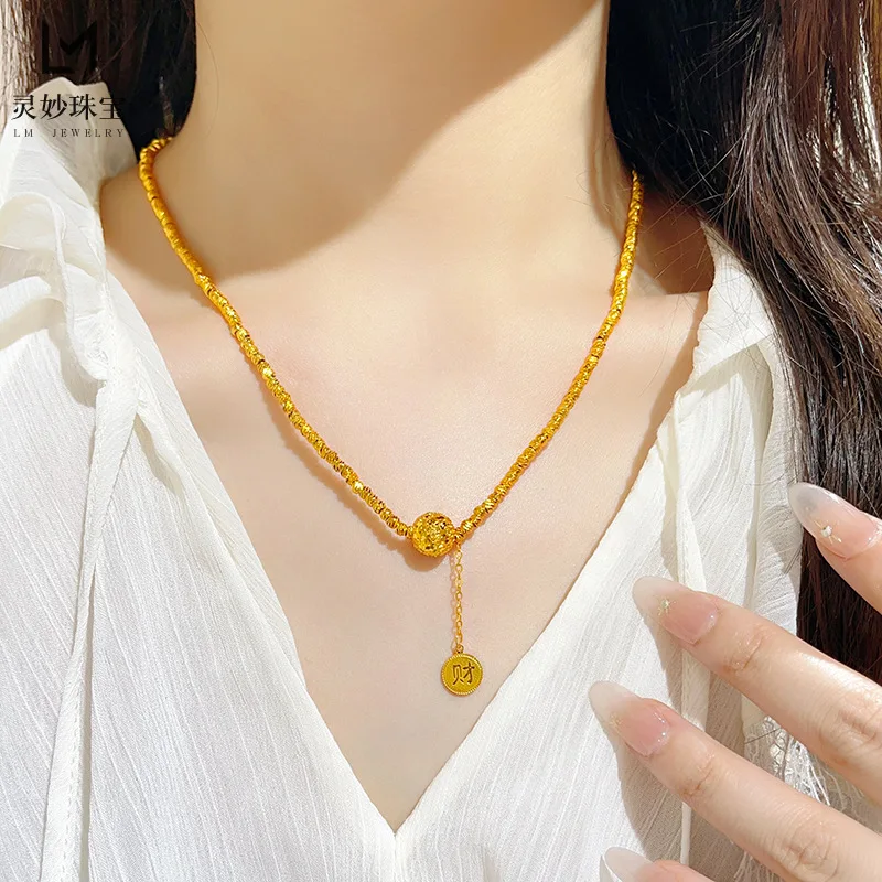 

9999 24K real gold store same style women's gold necklace round beads lucky fringe collarbone chain luxury jewelry