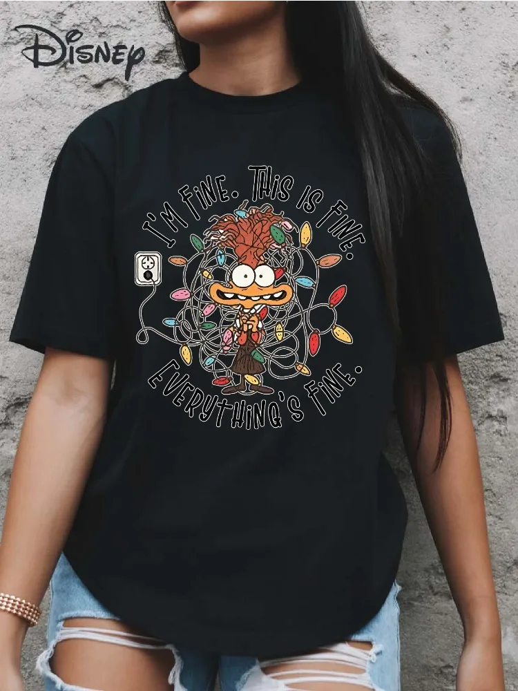 تي شيرت قطني كاجوال فضفاض مناسب من Disney Inside Out Joy مطبوع عليه رسوم كارتونية وياقة دائرية وأكمام قصيرة ملابس يومية ممتعة #1