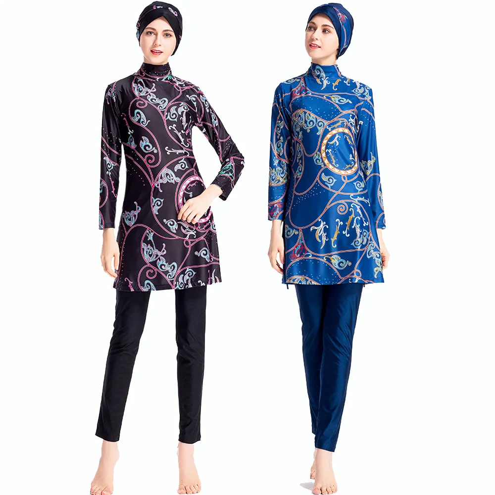 

Muslim Swimwear Women Printed Stretch Full Cover Lslamic Clothes 3 Piece Hijab Long Sleeves Sport Swimsuit Burkinis Bathing Suit