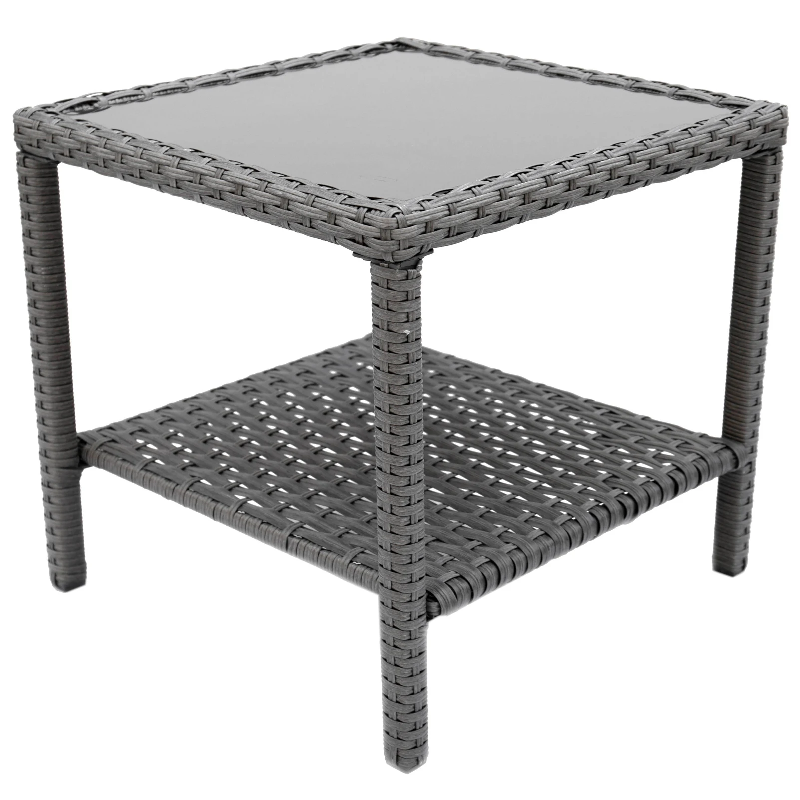 

Small Outdoor Coffee Side End Table for Outside Patio Storage, Gray All Weather Wicker with Glass Top, Square