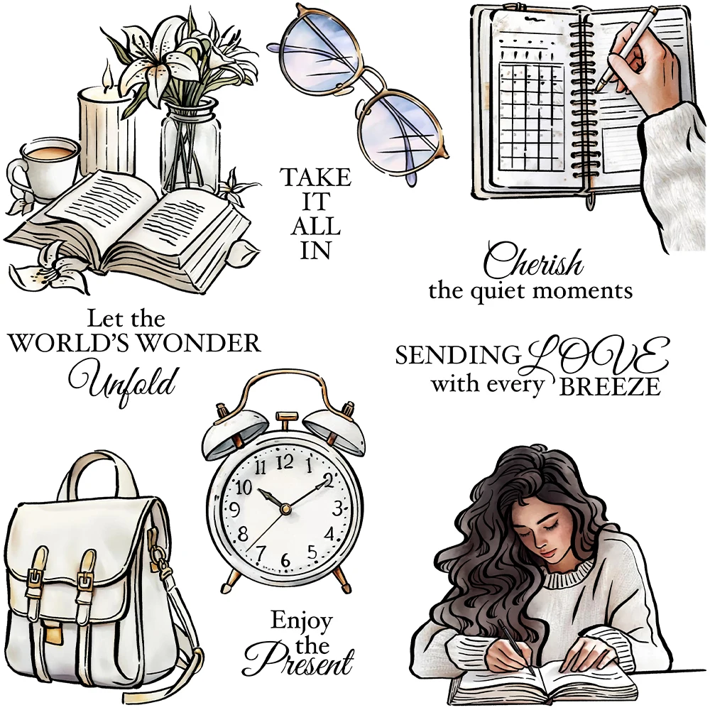 Mangocraft Studying Reading Girl And Books Bag Clear Stamp DIY Scrapbooking Supplies Silicone Stamp For Card Making Albums Decor