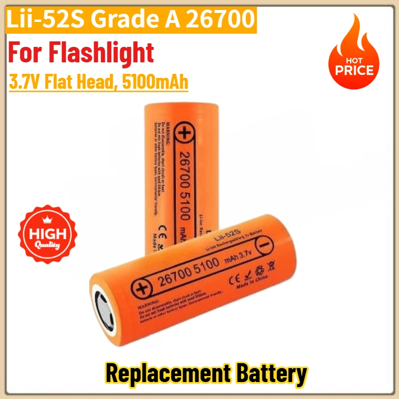 High Capacity Lii-52S Grade A 26700 Rechargeable Lithium Battery 3.7V Flat Head 5100mAh for Flashlight