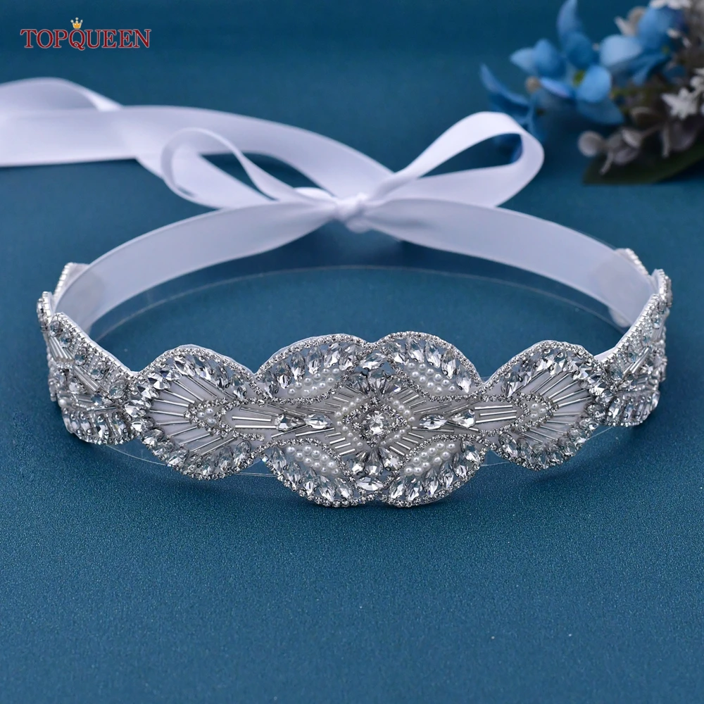 TOPQUEEN – ceinture de mariage avec strass, en cristal argenté, avec perles, pour fête, pour femme, S103