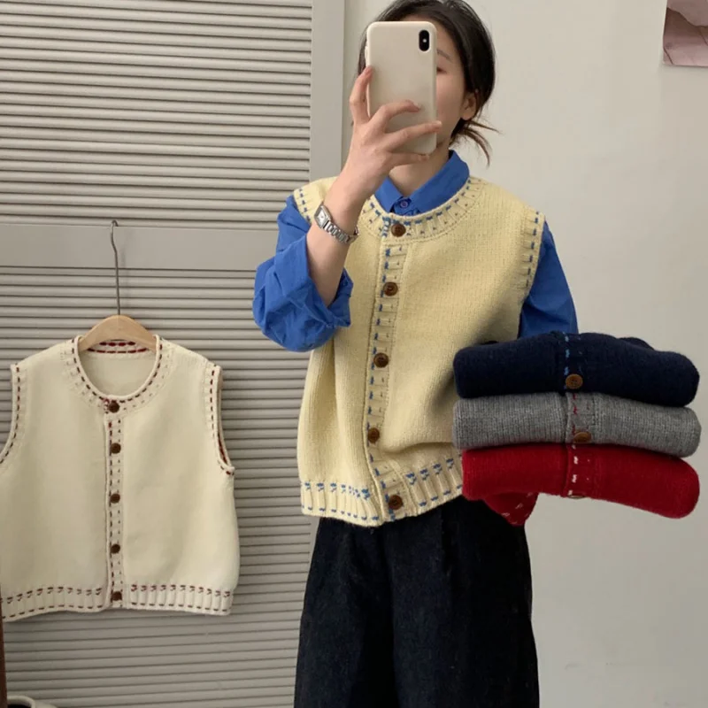 

Round Neck Color-Block Cardigan Knitted Vest Women Spring New Fashion Casual College Style Youthful Sweater Vest