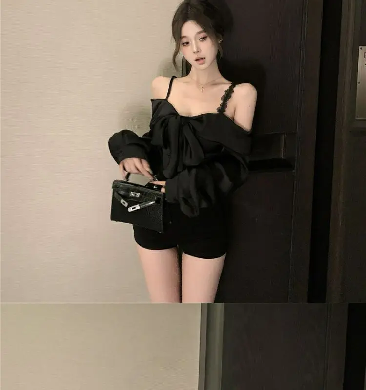 One-shoulder Bow Strap Long-sleeved Shirt Blouse High-end Cropped Top
