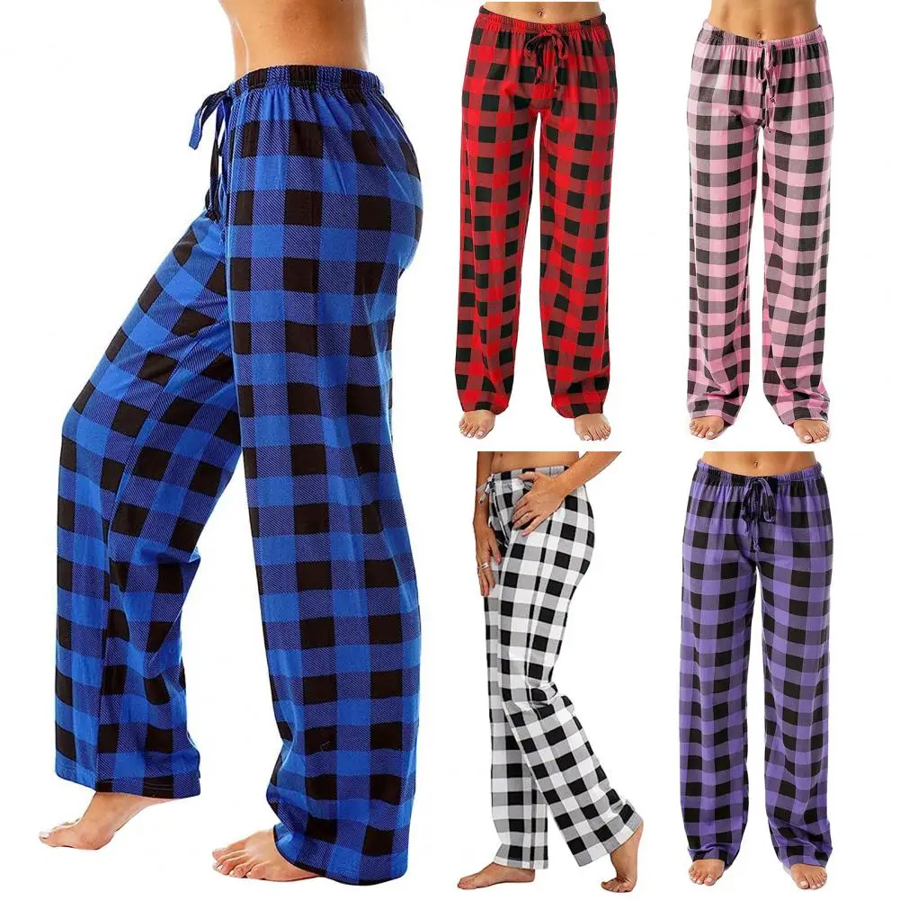 Comfortable Tie Waist Pants Comfy Women's Pajama Pants Elastic Drawstring Waist Wide Leg Plaid Print Casual Sleep for Daily