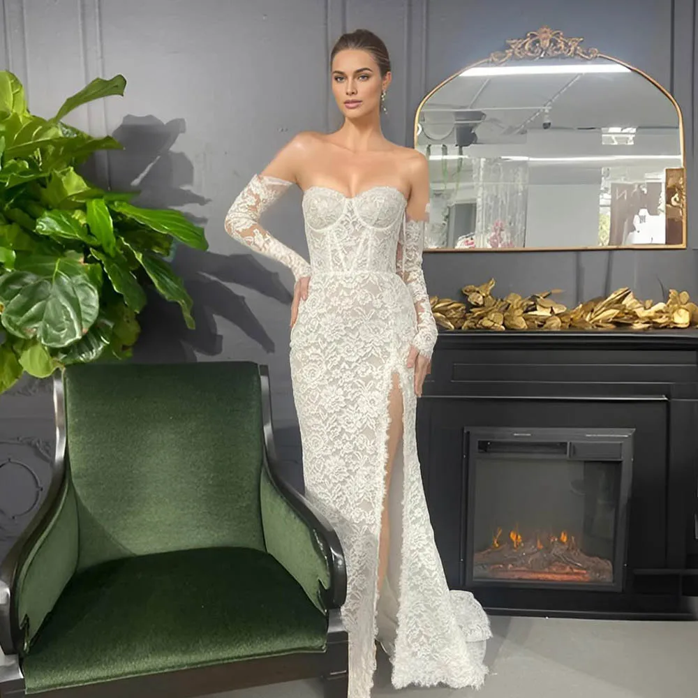 

Очаровательное милое свадебное платье со съемными длинными рукавами и кружевом, с разрезом по бокам, на заказ, 2026 Rode De Morrie