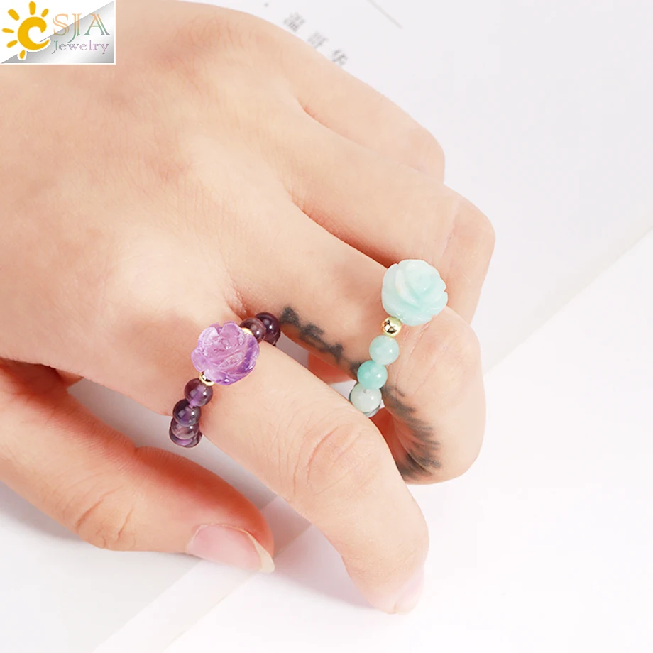 Rose Flower Natural Stone Ring Energy 5mm Beads Handmade Carved Obsidian  Pink Rock Crystal Rings Women  2024 New Year Gift H306