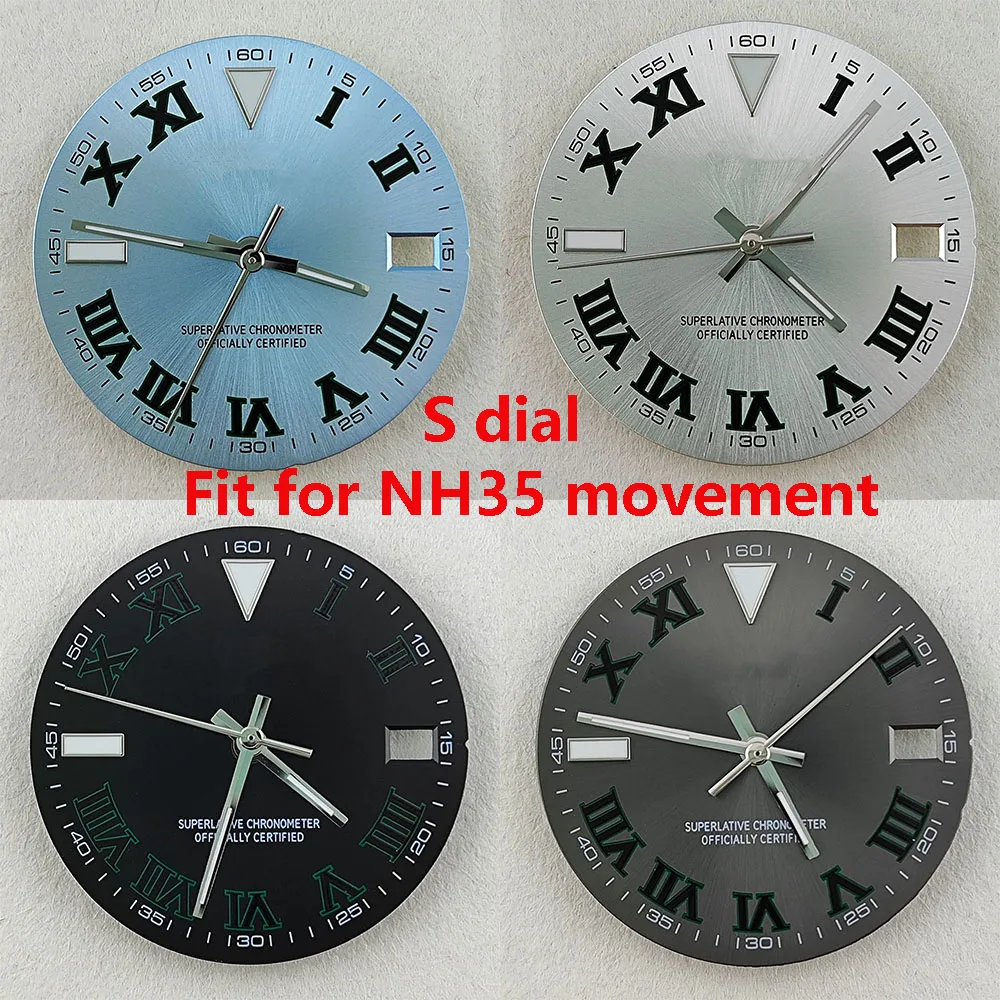 NH35 watch S dial 28.5mm dial Roman numeral dial+pointer blue green luminous dots suitable for NH35/NH36/4R movement watch dial