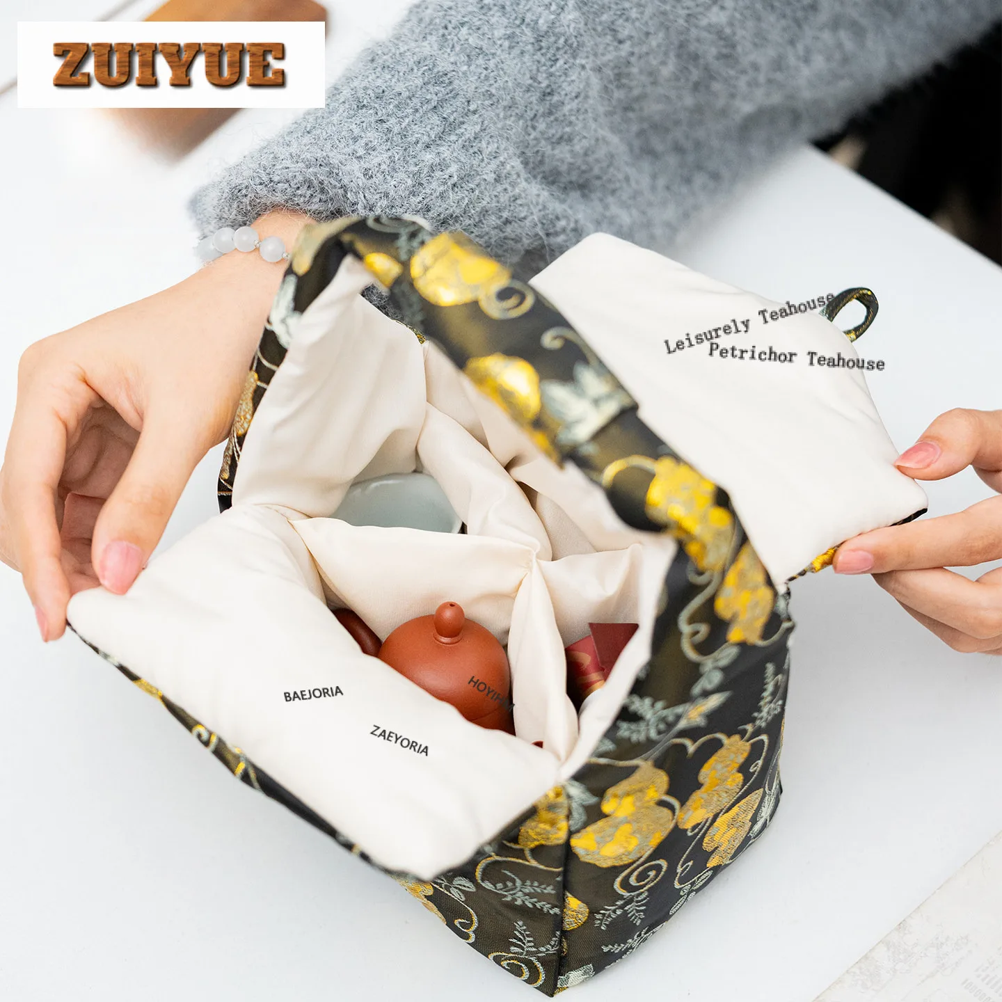 Gourd Brocade Cotton Cloth Tea Cozies Luxury Tea Cozy For Teapot Portable Bag Travel Tea Set Bag Tea Ceremony Collection Craft view 3