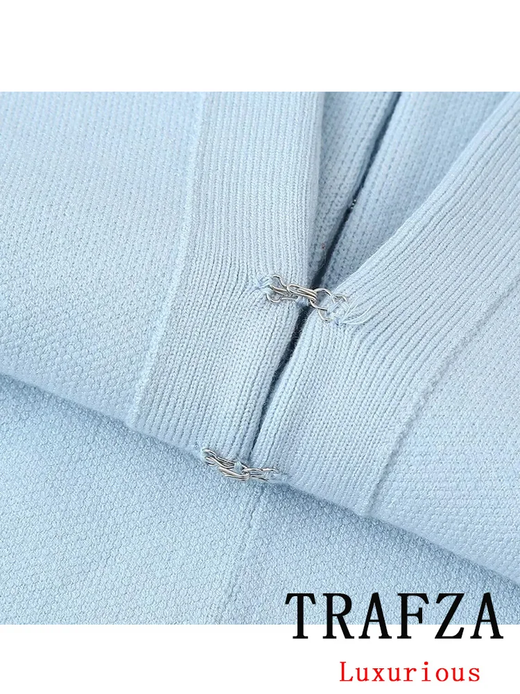 TRAFZA Vintage Casual Chic kobiety niebieskie garnitur w jednolitym kolorze dekolt w szpic proste bluzki z długim rękawem Mini szczupła spódnica