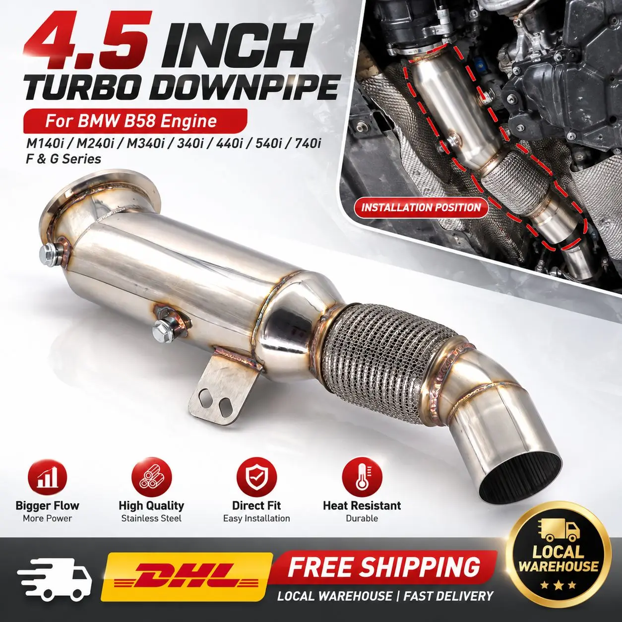 Nuovo Downpipe Turbo Catless da 4,5 pollici per BMW B58 M140i M240i M340i 340i 440i 540i 740i Accessori Auto per Modifiche