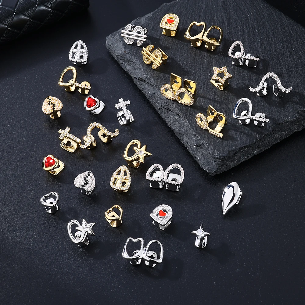 1PC Single Hip Hop Star Heart Pattern Teeth Grillz Removable Dental Grills Teeth Punk Teeth Caps For Men Women Jewelry Gift