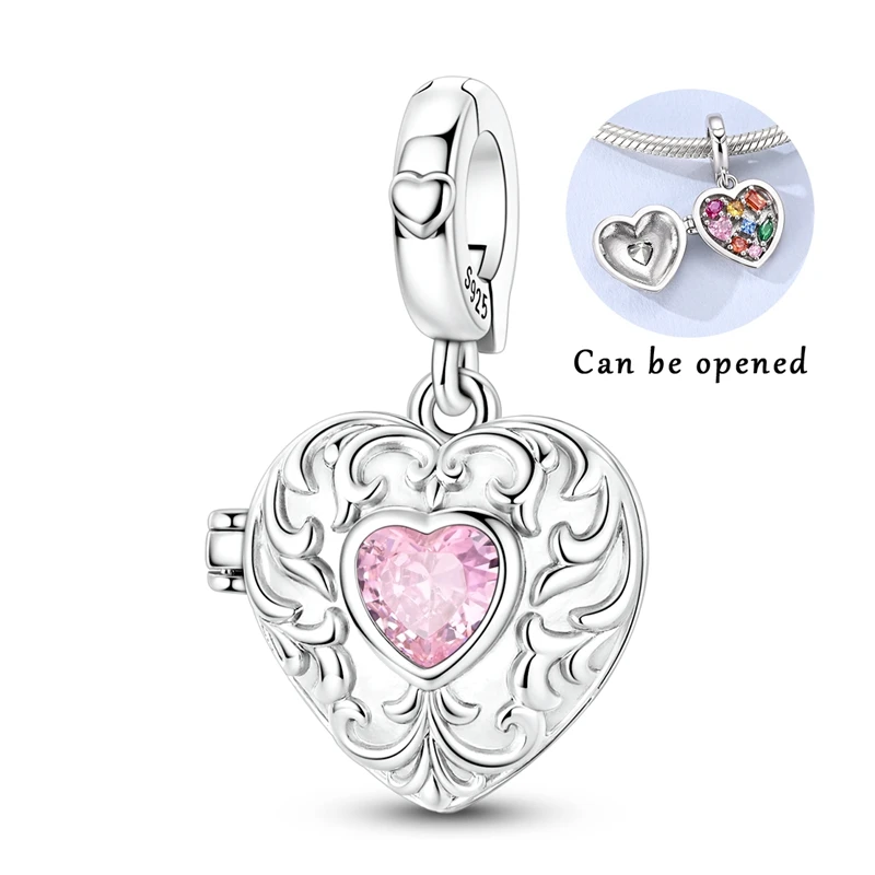 Openable Heart Locket Dangle Charm 925 Sterling Silver Bead Vintage Engraved Pink Heart Zircon Pendant Fit Bracelet Jewelry Gift