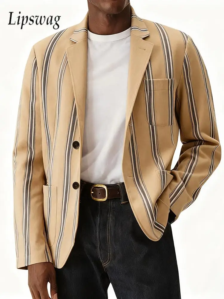 Pánské sako s dlouhým rukávem, ležérní střih, slim fit, zapínání na knoflíky, stylové svrchní oblečení s pruhovaným potiskem 2026 - náhled 2