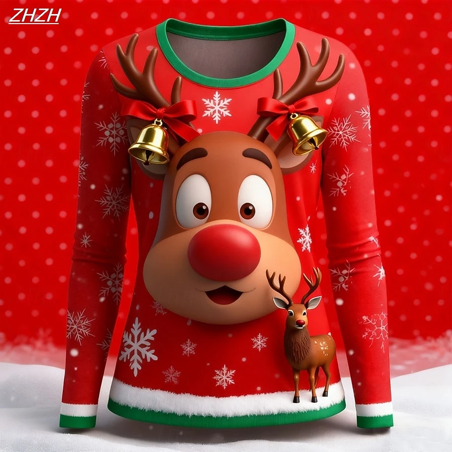 

Women's Santa Reindeer Print Long Sleeve, 2025 Christmas Graphic Crew Neck, Holiday Casual Tops, Spring Fall Seasonal Wear