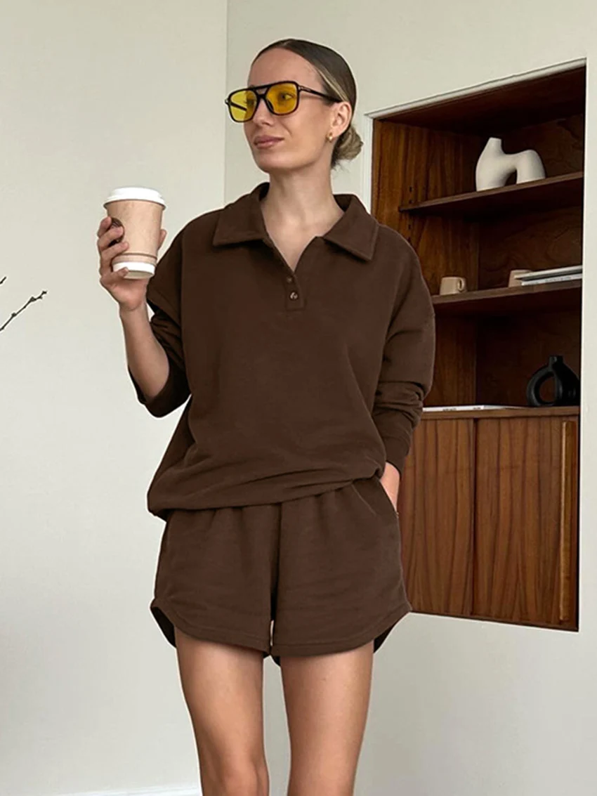 Marthaqiqi Brown Autumn Female Sleepwear Suit Long Sleeve Nightgowns Turn-Down Collar Nightwear Shorts Casual Home Clothes Women