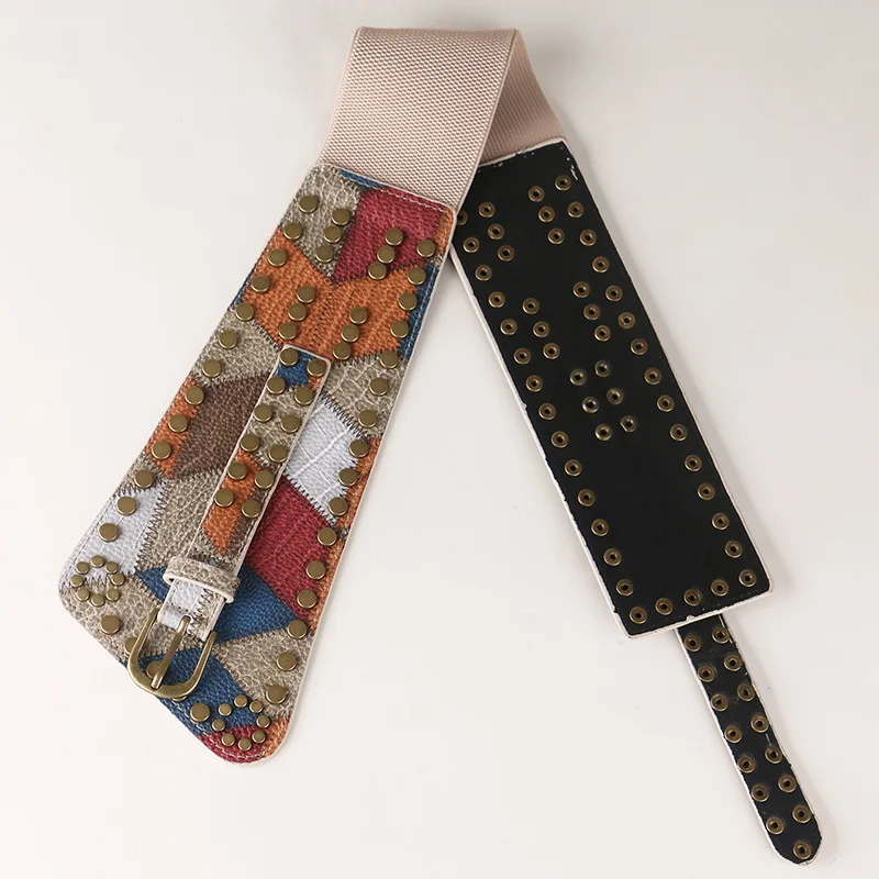 Dames klinknagel lederen balpatroon retro mode riemen voor vrouwen taille decoratieve elasticiteit gordel buikband op jurk jas