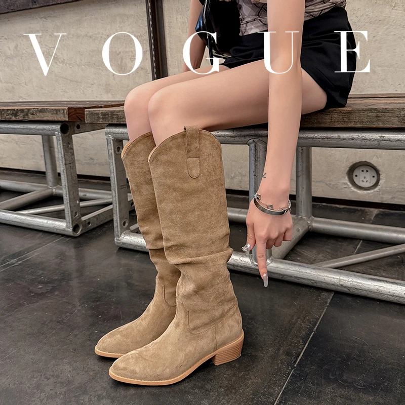 

2026 новые осенне-зимние женские сапоги до колена высотой 22-25 см, эластичные фланелевые сапоги в стиле вестерн с круглым носком, длинные сапоги на толстом каблуке
