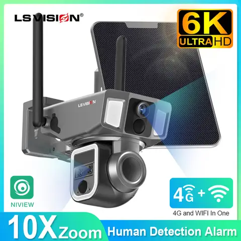 LS VISION  4G & wifi In 1 Solar Camera Outdoor 12MP 6K 10X Zoom Dual Screen PIR Detection Auto Tracking CCTV Survalance Cameras