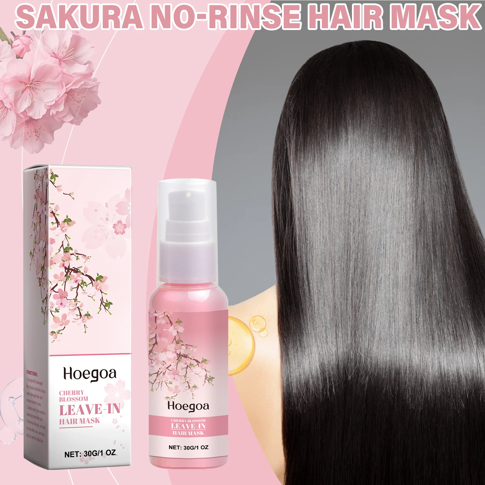 Máscara de cabelo com flor de cerejeira com VE para cabelos secos e danificados, brilho, controle de frizz, leve, sem enxágue, fórmula Sakura Scent