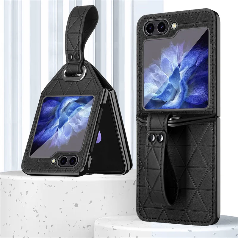 

For Samsung Galaxy Z Flip 6 5 4 3 5G Case PU Leather Handheld Fingerrest Bracket With Screen Protection Film Shockproof Cover