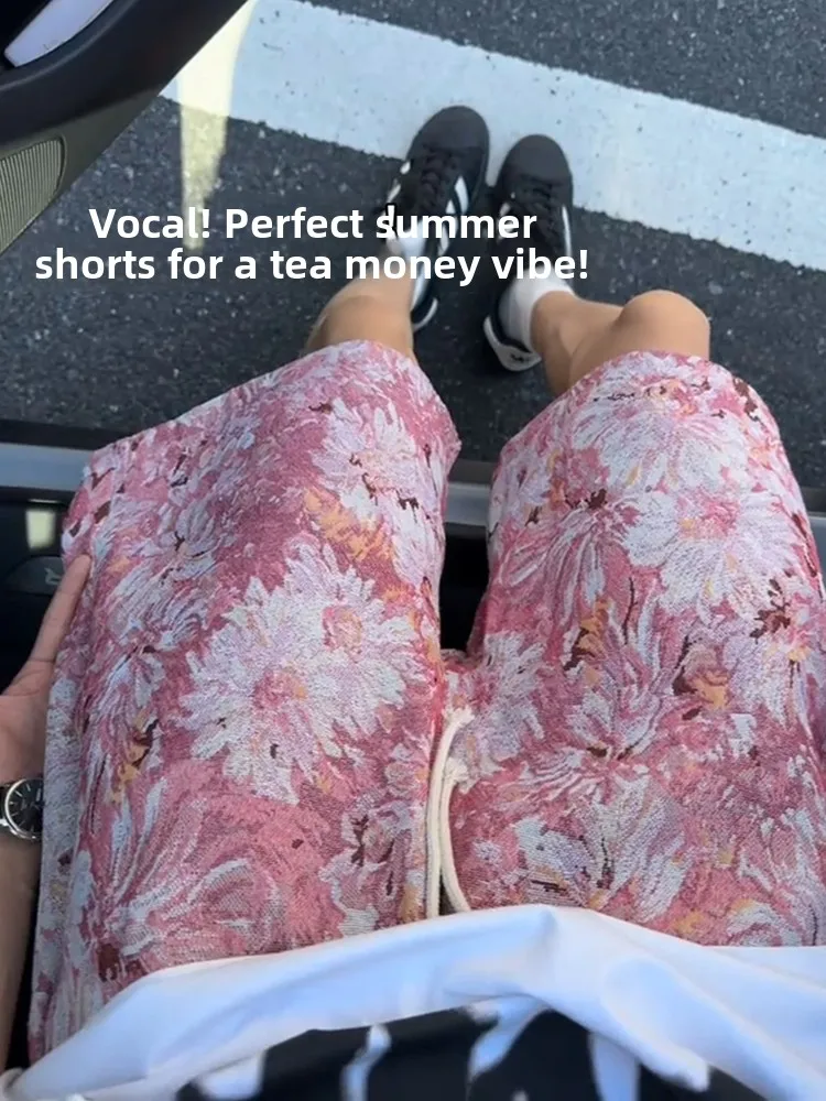 

Summer Floral Print Men's orts Casual American Sle Beach Five-Quarter Length Loose Fit Straight Leg Elastic Waisand