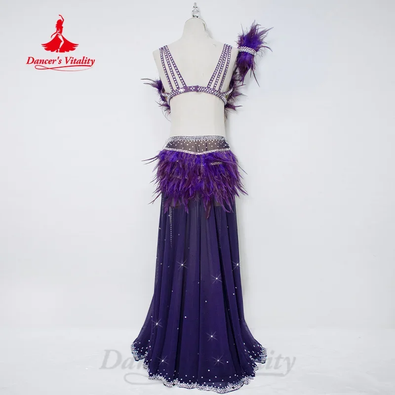 Belly Dance Performance Costume Set Customized Senior AB Stones Bra+feather Long Skirt 2pcs Adult and Child Competition Outfit