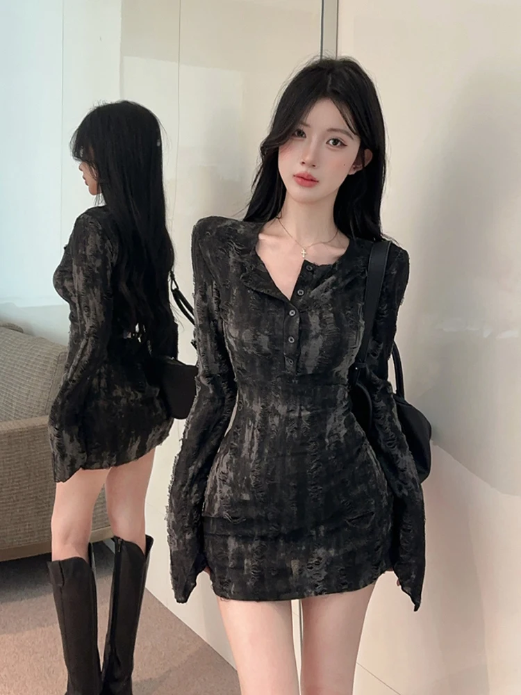 Foamlina Women's Tie Dye Print Mini Dress Fashion O Neck Long Sleeve Buttons Ripped Holes Slim Bodycon Party Dress Y2K Clubwear